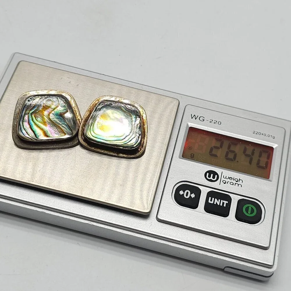 Vintage ATI Mexican Sterling Silver Abalone Shell Clip-On Earrings Square Design